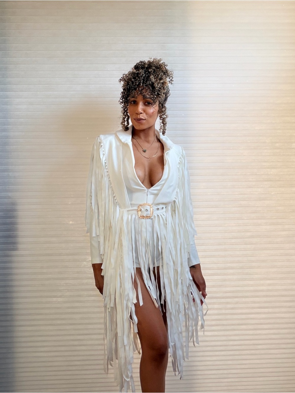 AKIRA Been Winning Fringe Romper Ivory Western Glam Festival Statement Piece - Picture 4 of 12